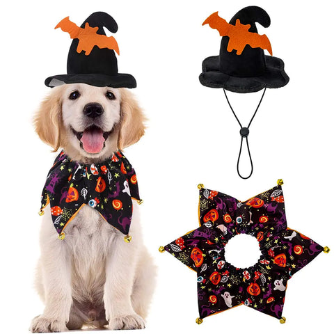 Halloween Pumpkin Dog Costume Set with Bells and Wizard Hat